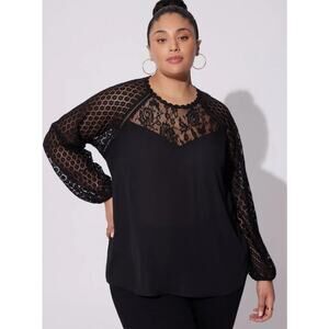 Torrid Blouse Women 1X Black Lace Floral Witchy Vamp Whimsygoth Georgette Sheer